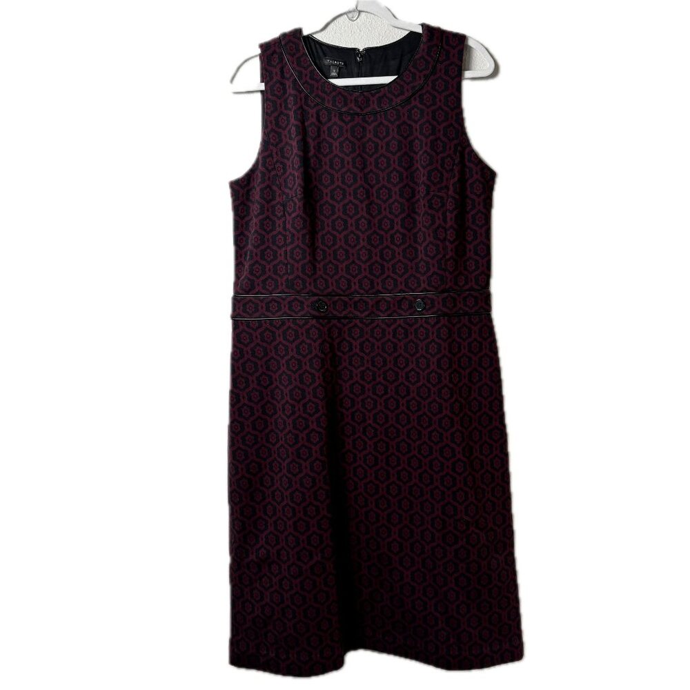 Talbots‎ Shift Dress Womens 12 Black Burgundy Geometric Button Detail Sleeveless